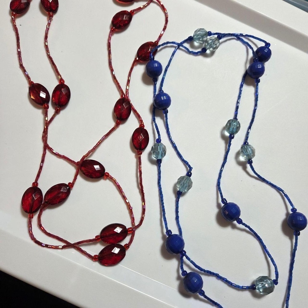 Lot of 2 Long Beaded Necklaces Red Blue Layering Costume Jewelry 22" 24"